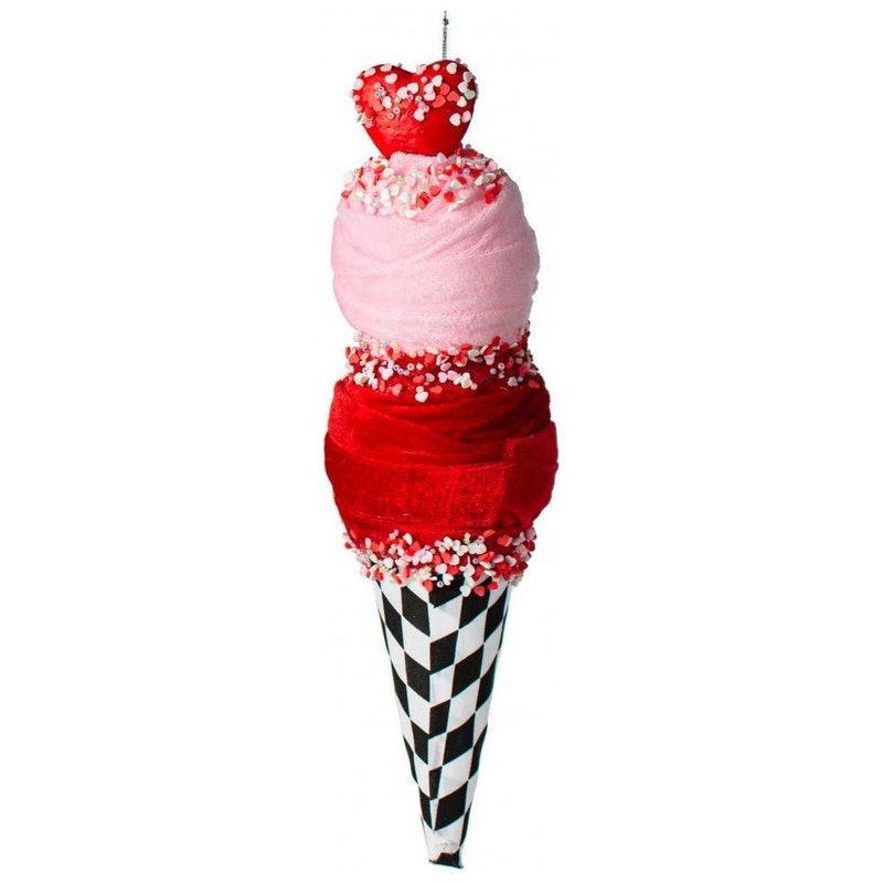 13″ Harlequin Valentine Ice Cream Cone: Pink & Red