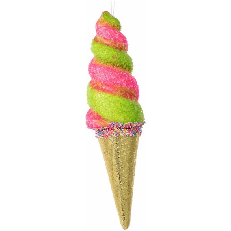14″ Swirl Ice Cream Cone Ornament: Pink/Lime Green