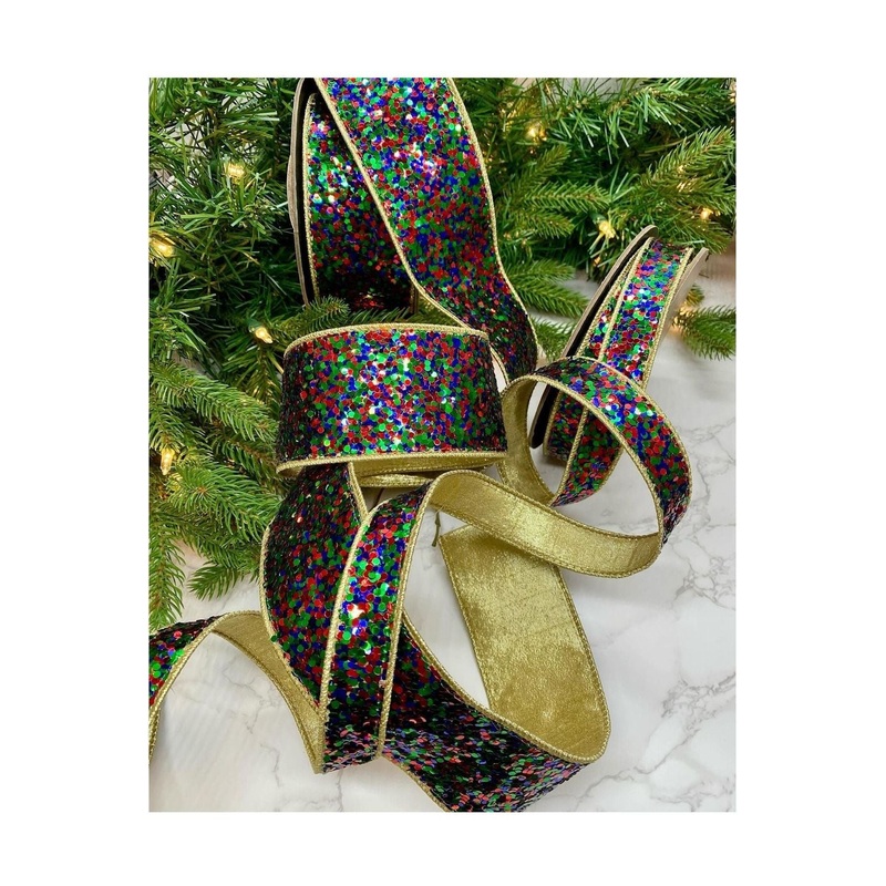 2.5″ Cirque Glitter Ribbon: Emerald Green/Red/Blue (10 Yards)
