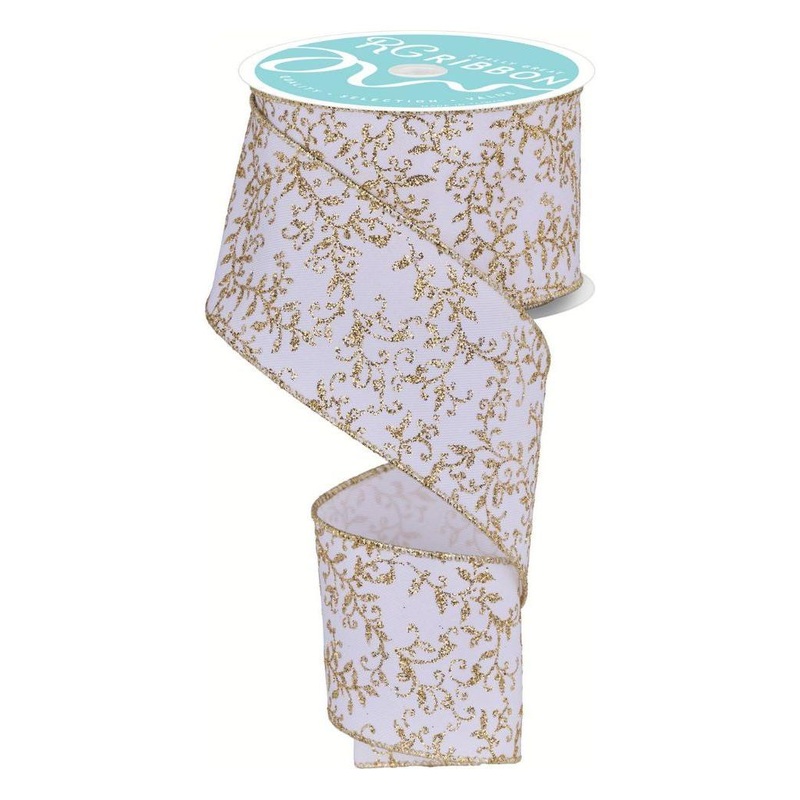 2.5″ Glitter Mini Leaf Vines Ribbon: Gold/White (10 Yards)