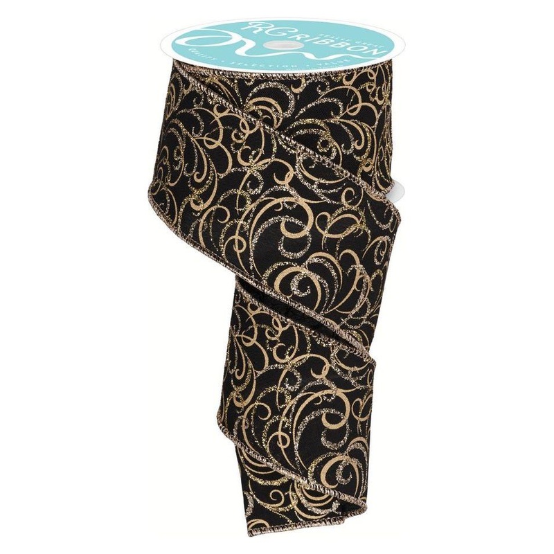 2.5″ Multi Swirls Glitter Ribbon: Black/Gold (10 Yard)