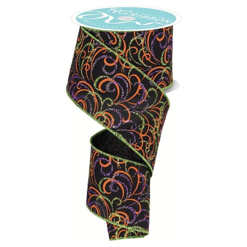 2.5″ Multi Swirls Glitter Ribbon: Black/Orange/Purple/Lime (10 Yard)