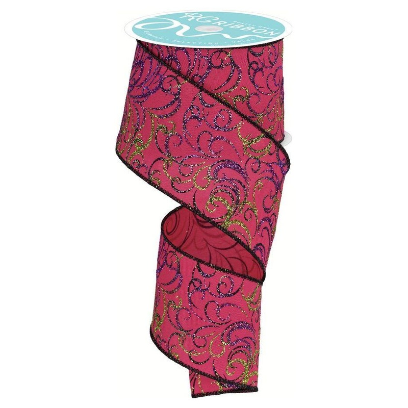 2.5″ Multi Swirls Glitter Ribbon: Hot Pink/Lime/Black (10 Yard)
