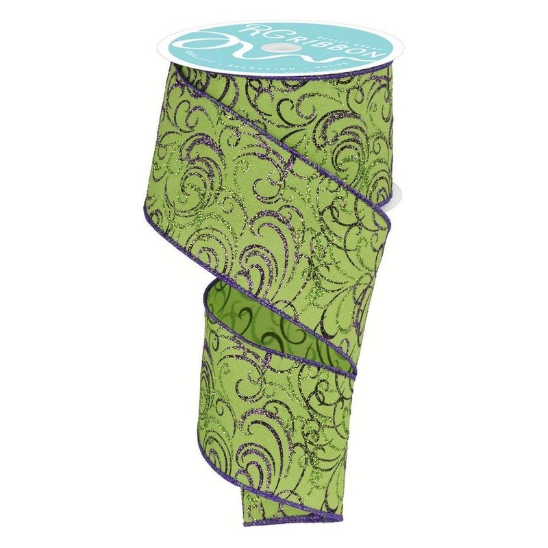 2.5″ Multi Swirls Glitter Ribbon: Lime Green/Purple (10 Yard)