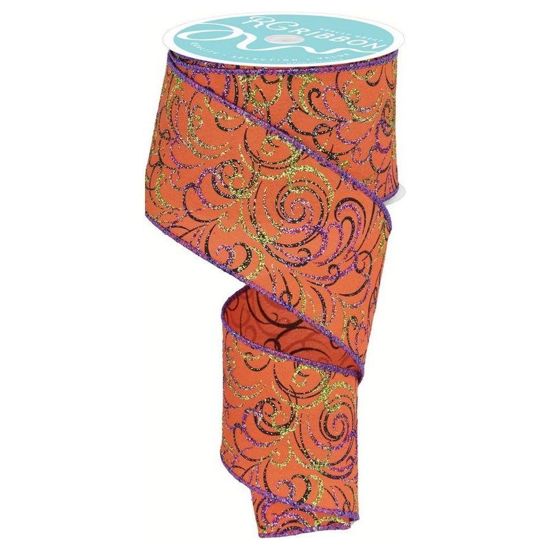 2.5″ Multi Swirls Glitter Ribbon: Orange/Black/Purple (10 Yard)