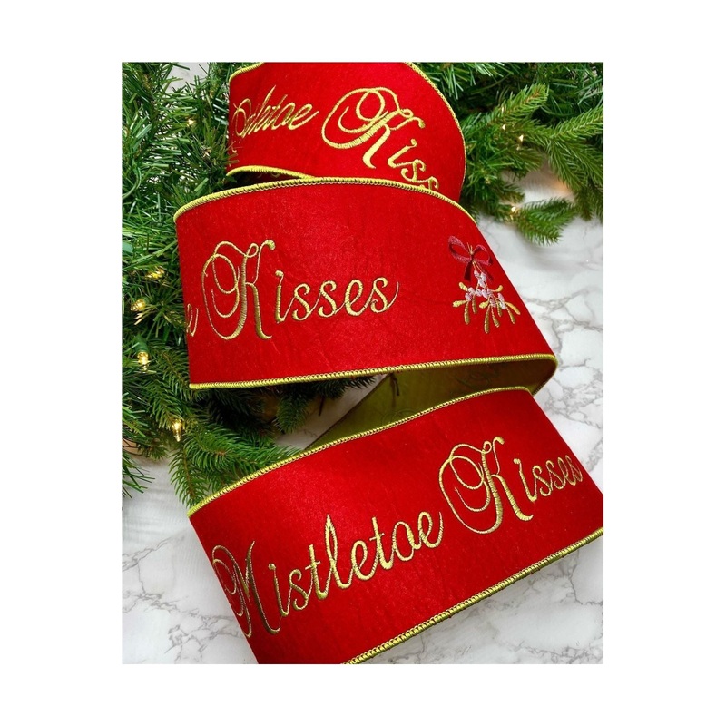 4″ Embroidery Mistletoe Kisses Felt Ribbon: Red (5 Yards)