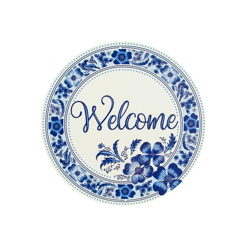 8″ Metal Round Sign: Welcome Blue Floral