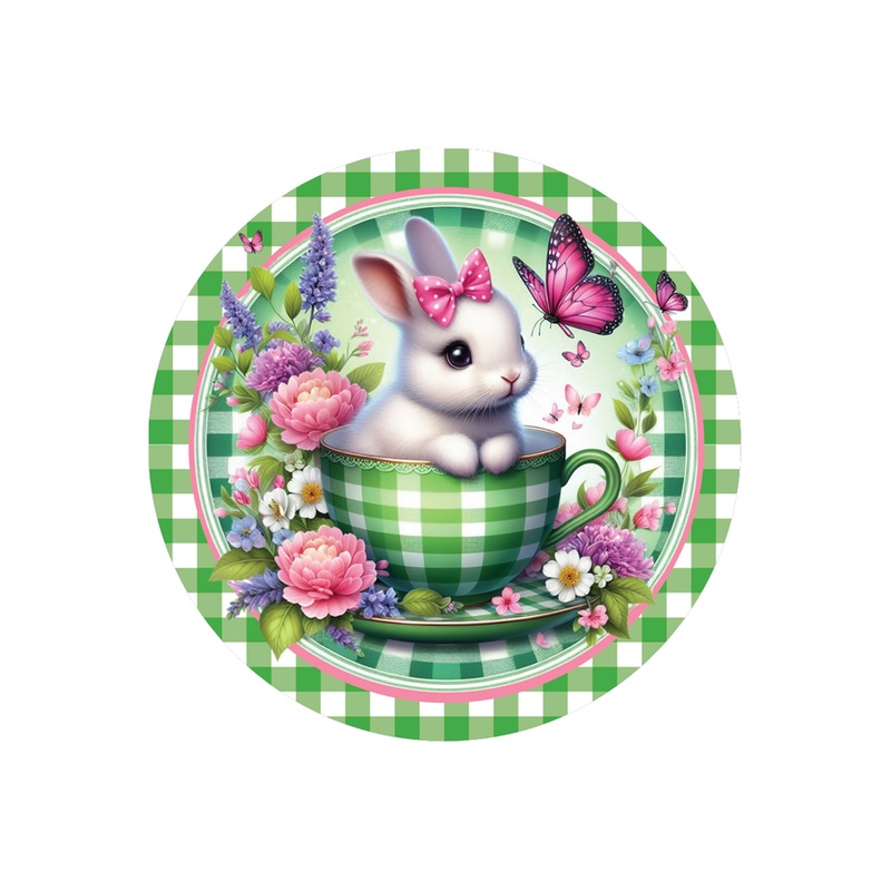 Green Check Easter Spring Bunny Teacup Sign