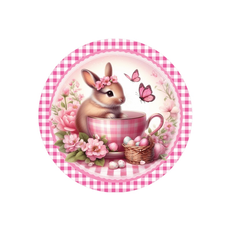 Pink Plaid Check Easter Spring Bunny Teacup Sign