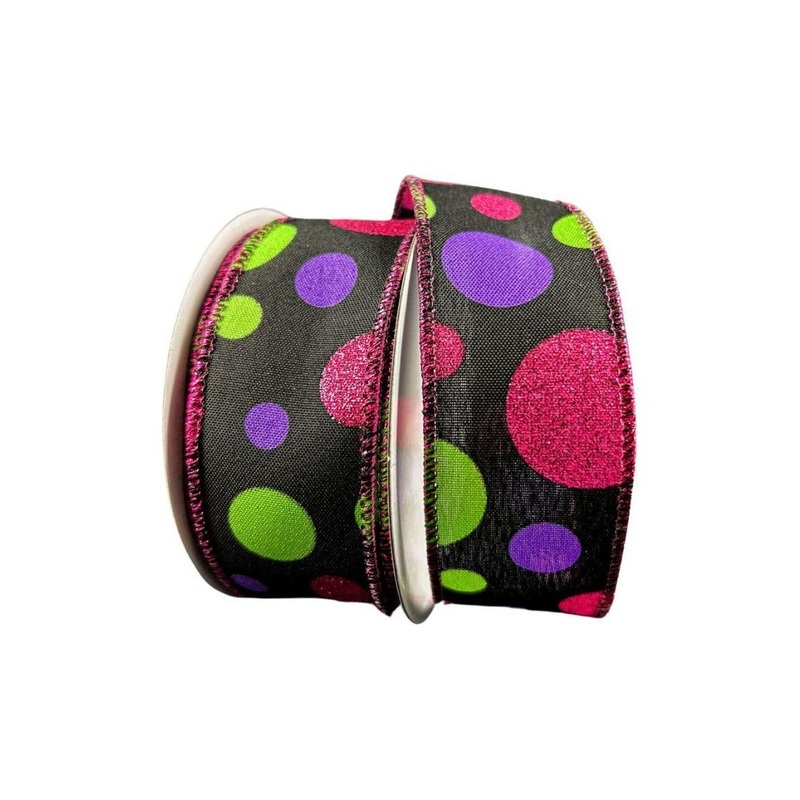 1.5″ Glitter Dots Black Ribbon: Fuchsia, Lime Green Purple (10 Yards)