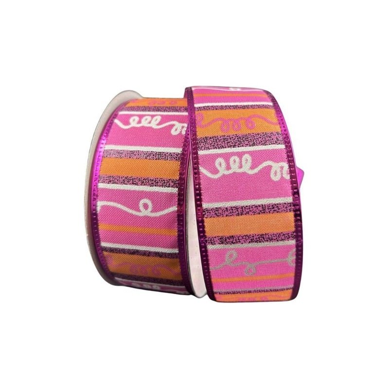 1.5″ Glitter Loopy Stripes Ribbon: Fuchsia, Orange, Black (10 Yards)