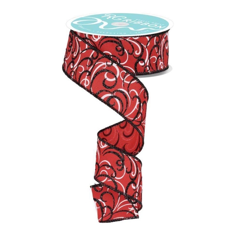 1.5″ Multi Swirls Glitter Ribbon: Red/Black (10 Yard)