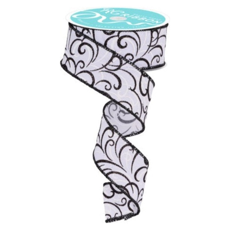 1.5″ Multi Swirls Glitter Ribbon: White/Black (10 Yard)
