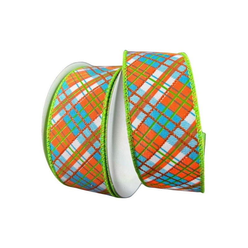 1.5″ White Satin Busy Plaid Ribbon: Teal, Lime and Orange (10 Yards)