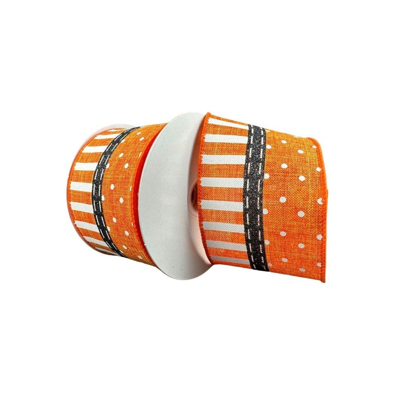 2.5″ Linen Dots & Stripes Ribbon: Orange, Black, White (10 Yards)
