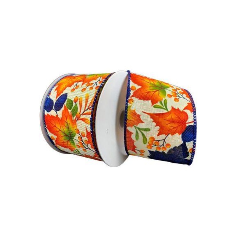 2.5″ Linen Fall Leaves Ribbon: Navy/Ivory (10 Yards)
