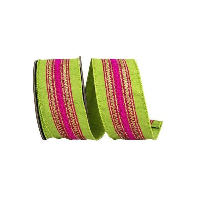 2.5″ Regal Stripe Trimming Dupioni Ribbon: Lime/Pink (5 Yards)