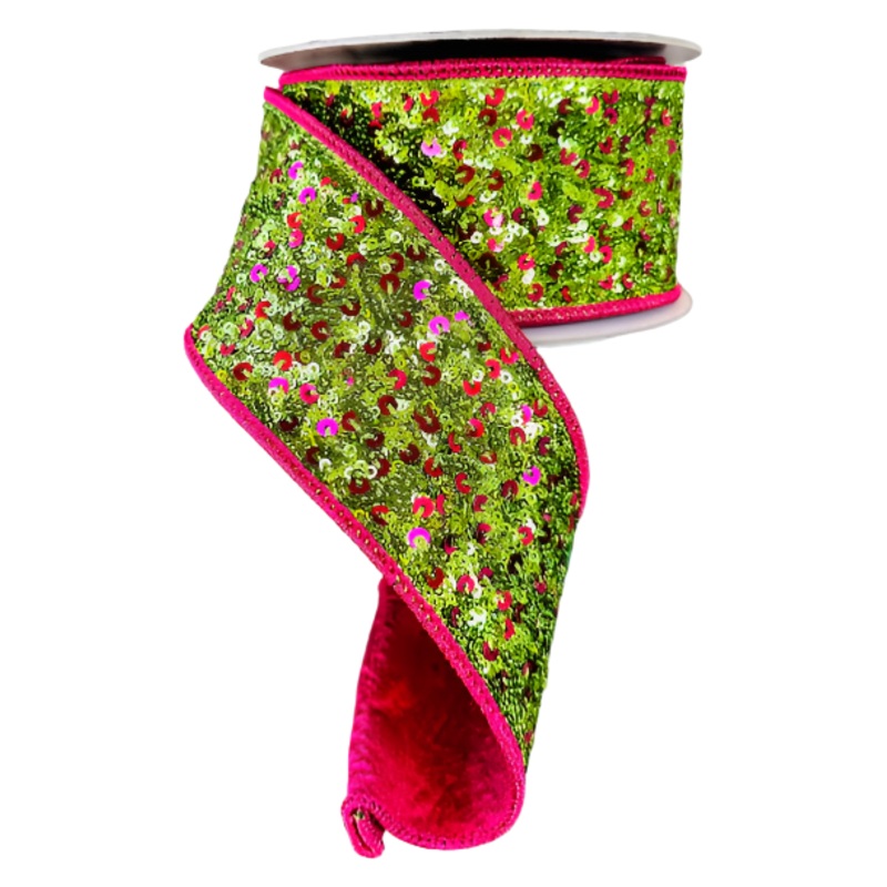 2.5″ Sequin Treasure Ribbon: Hot Pink/Lime (5 Yards)