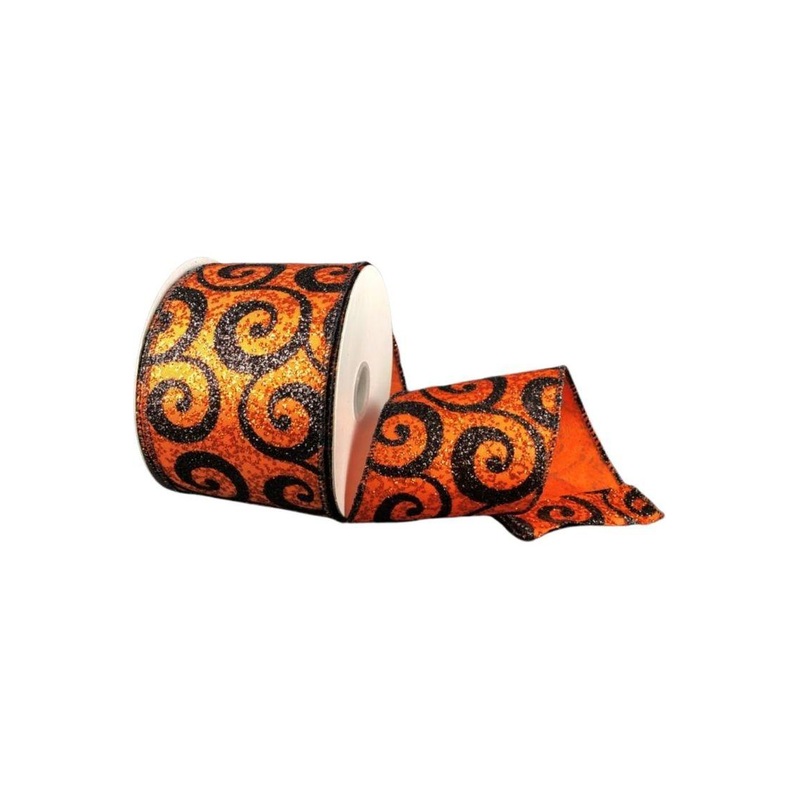 2.5″ Ultra Glitter Swirls Ribbon: Orange & Black (10 Yards)