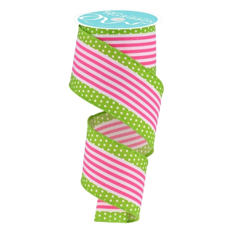 2.5″ Vertical Stripe Polka Dot Edge Ribbon: Hot Pink/Lime (10 Yards)