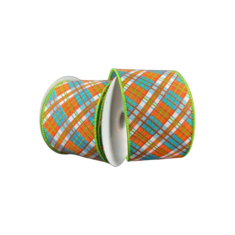2.5″ White Satin Busy Plaid Ribbon: Teal, Lime and Orange (10 Yards)