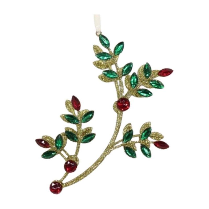 8.5″ Glitter Wire Jewel Flower Branch Ornament: Red/Green