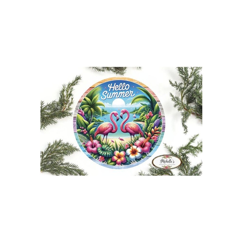 Hello Summer Tropical Flamingo Round Sign