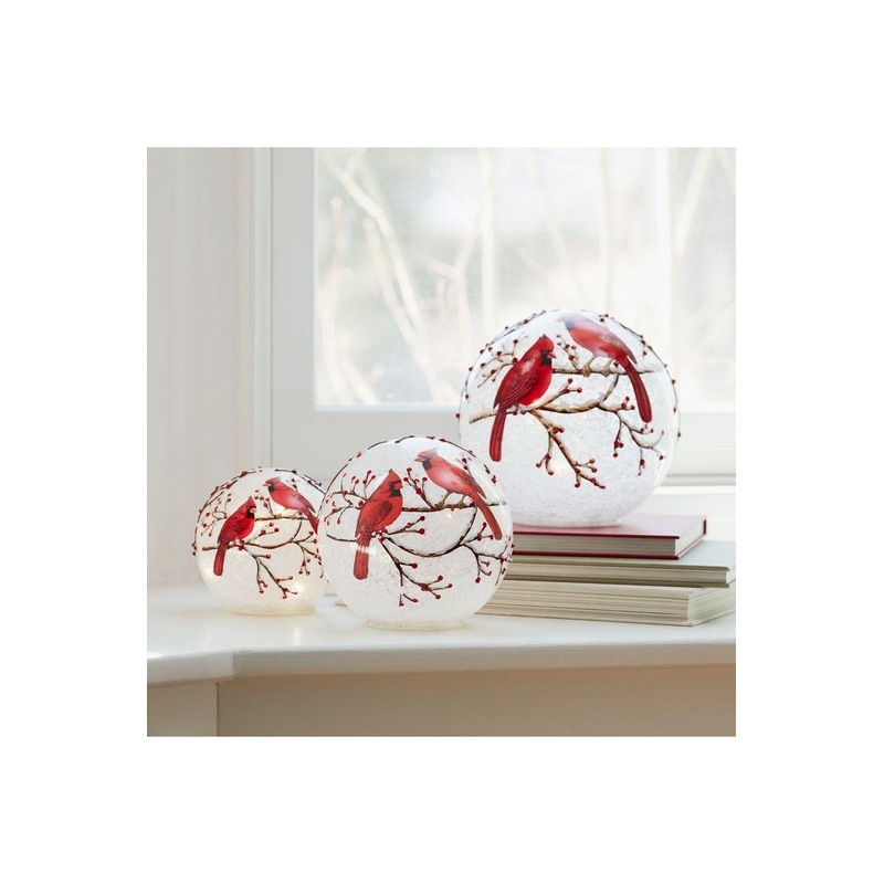 LED Frosted Cardinal Orb with Berry Branch Design (Set of 3)