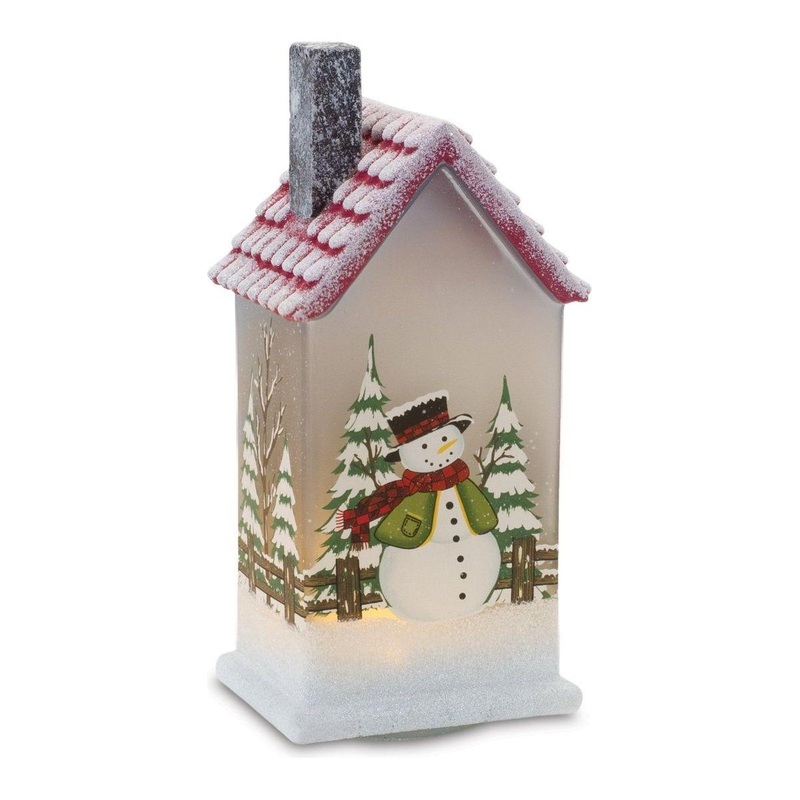 LED Glass Lighted House with Snowman (Set of 2)