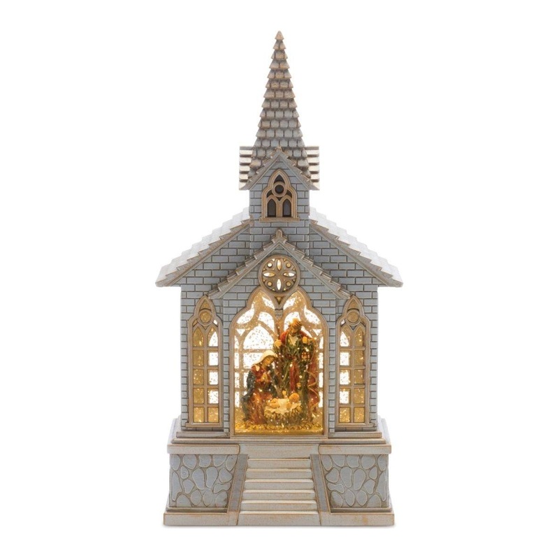 LED Snow Globe Church with Nativity 8.25″H