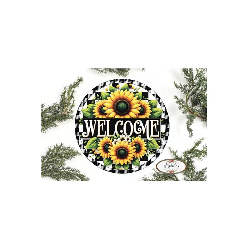 Welcome Black Check Sunflower Round Sign