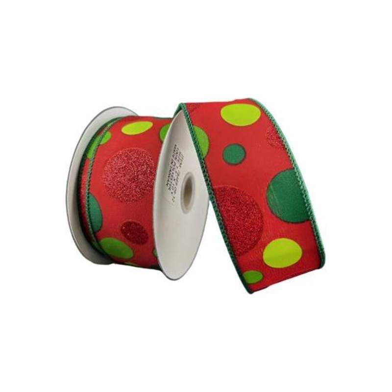 1.5″ Glitter Dots Red Ribbon: Green and Lime (10 Yards)