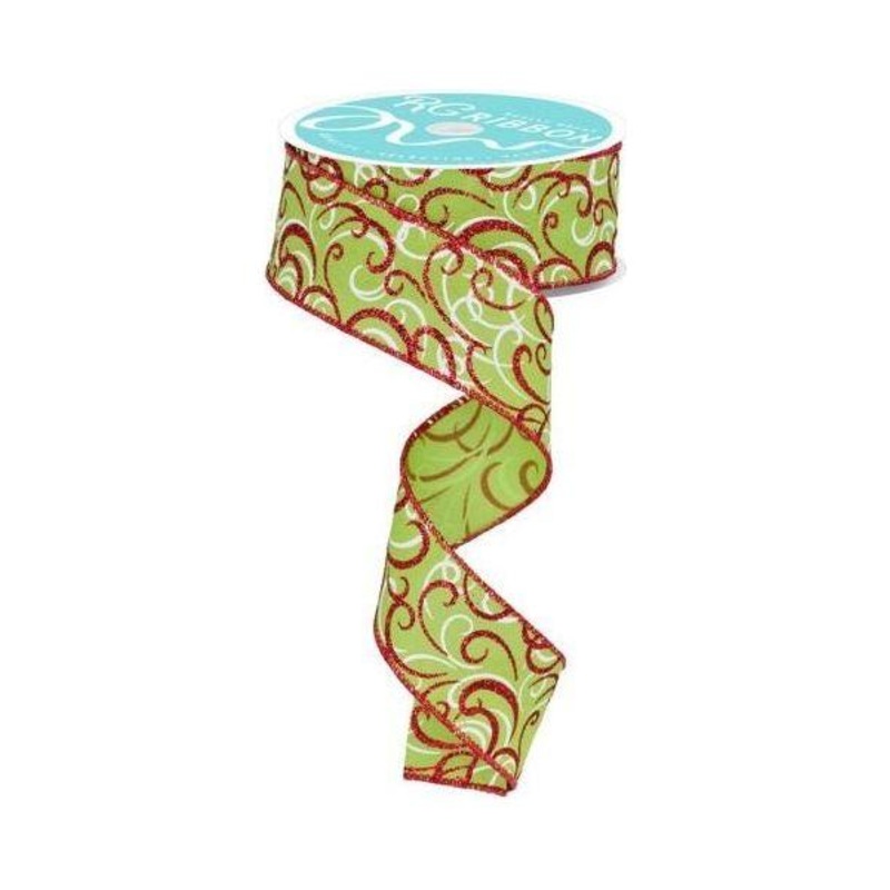 1.5″ Multi Swirls Glitter Ribbon: Lime Green/Red (10 Yard)