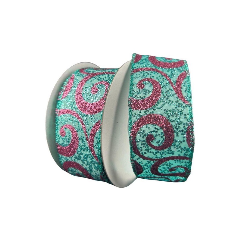 1.5″ Pink Glitter Swirl Ribbon: Teal (10 Yards)