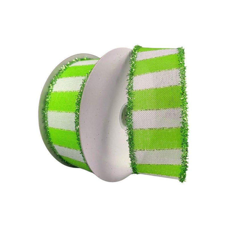 1.5″ Stripe Tinsel Edge Ribbon: Lime & White (10 Yards)