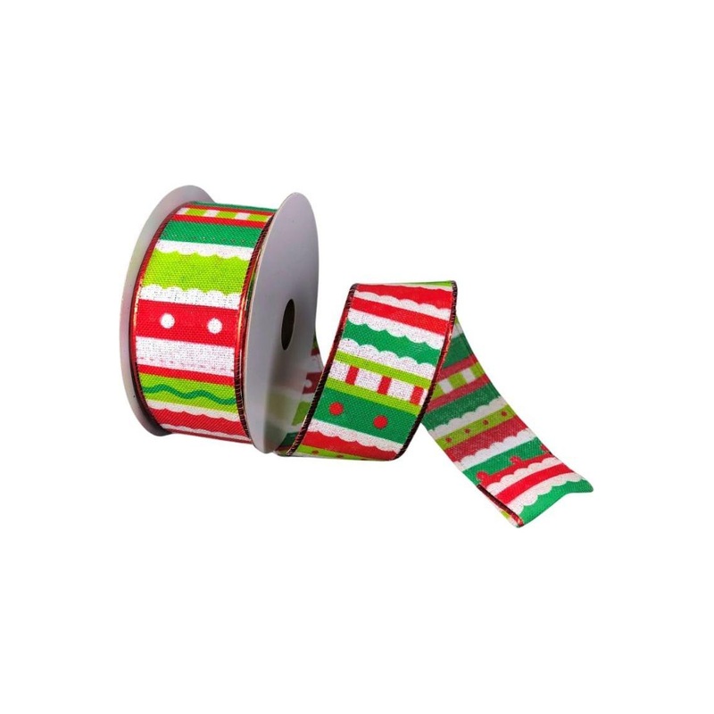 1.5″ Whimsy Stripe Ribbon: Lime, Red, White (10 Yards)