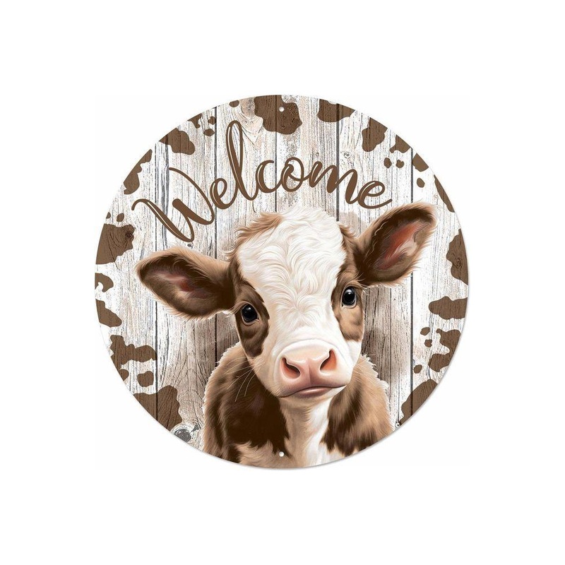 12″ Metal Round Sign: Welcome Brown Calf