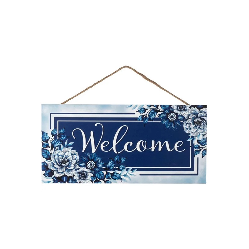 12″ Welcome Blue Floral MDF Wood Sign