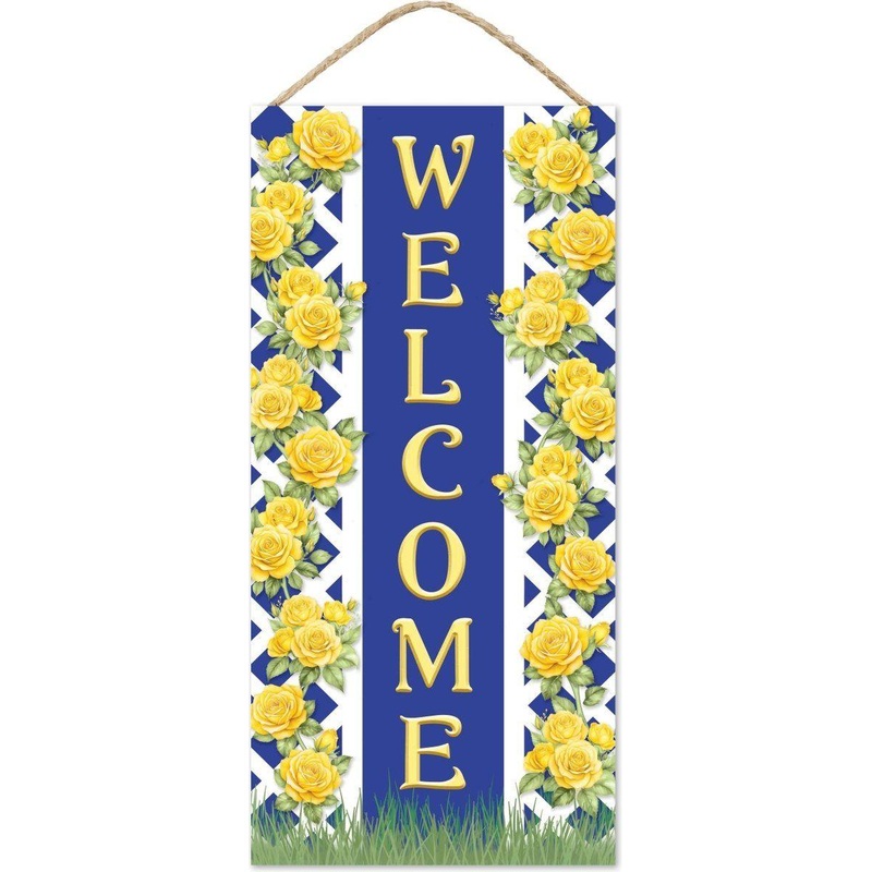 12″ Welcome Blue Yellow Trellis Rose Sign