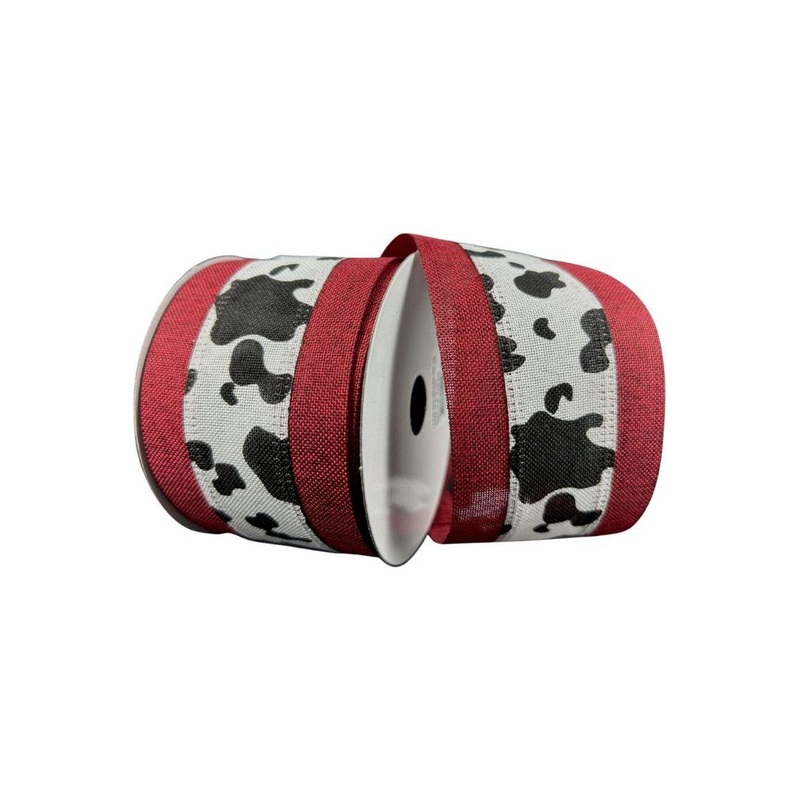 2.5″ Black Linen Cow Print Ribbon: Dark Red (10 Yards)