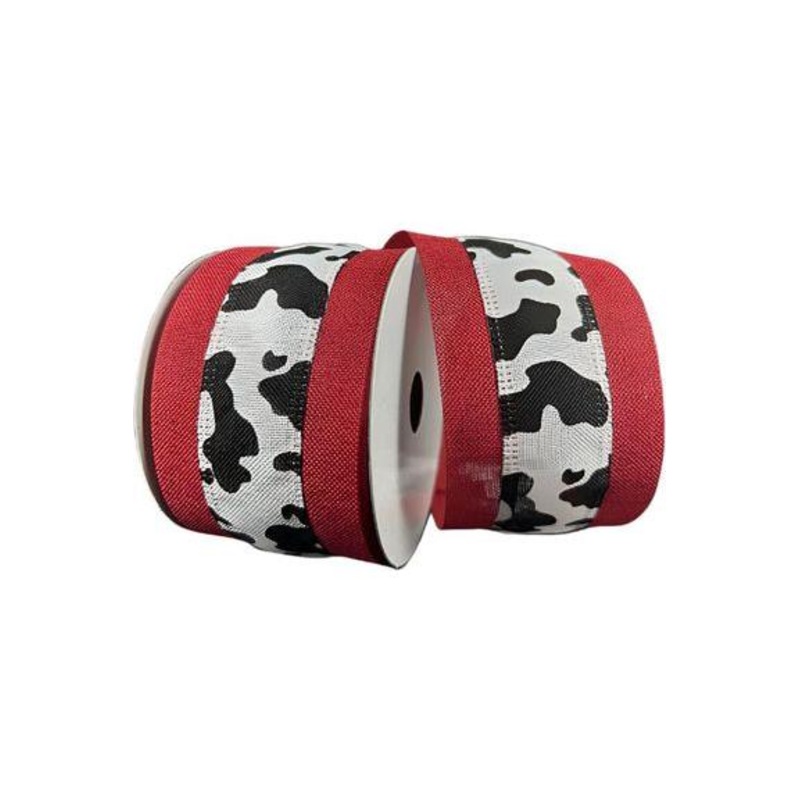 2.5″ Black Linen Cow Print Ribbon: Red (10 Yards)
