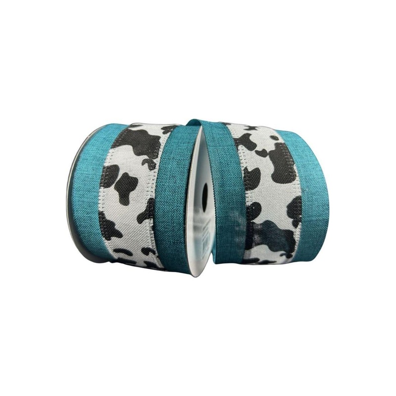 2.5″ Black Linen Cow Print Ribbon: Teal (10 Yards)