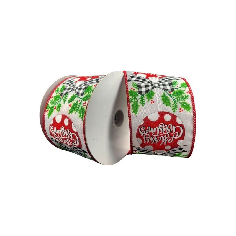 2.5″ Christmas Ornament Holly Ribbon: White & Red (10 Yards)