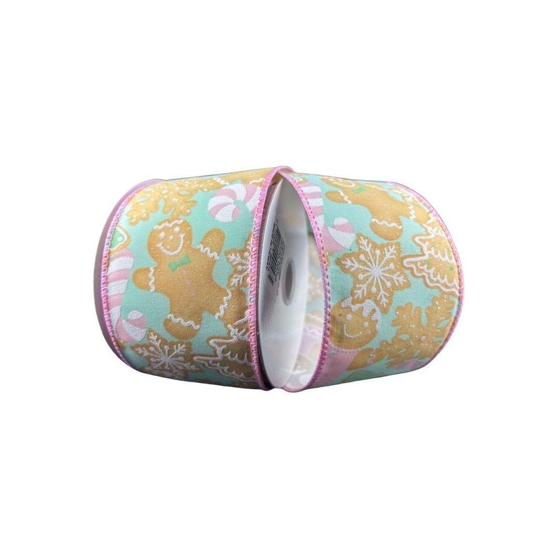 2.5″ Gingerbread Cookies Ribbon: Pink & Mint (10 Yards)