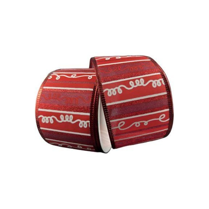 2.5″ Glitter Loopy Stripes Ribbon: Dark Red & White