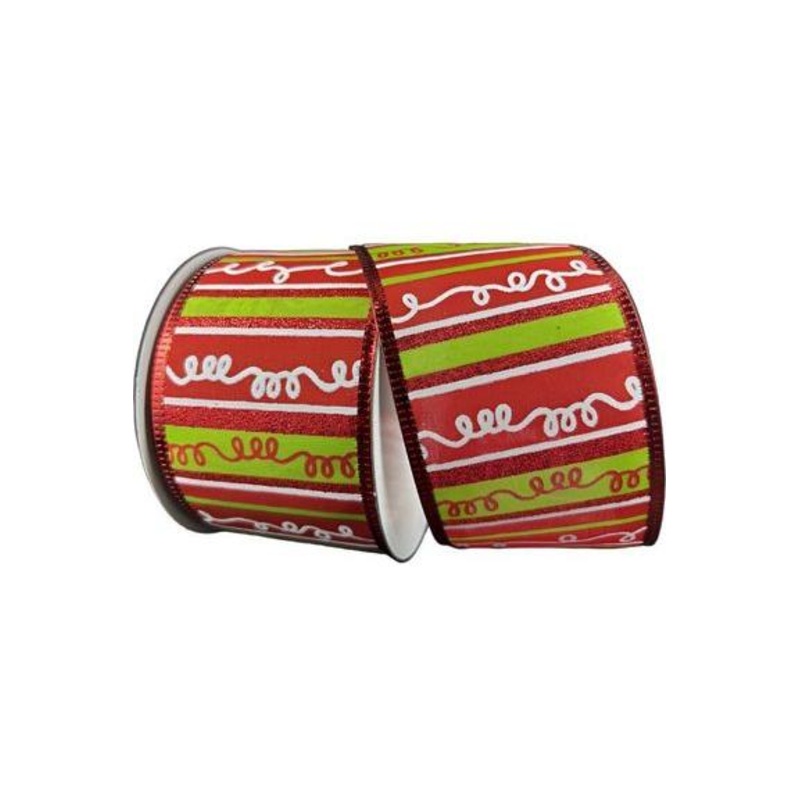 2.5″ Glitter Loopy Stripes Ribbon: Lime, Red, White