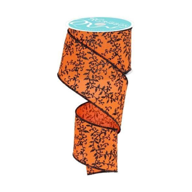 2.5″ Glitter Mini Leaf Vines Ribbon: Orange/Black (10 Yards)