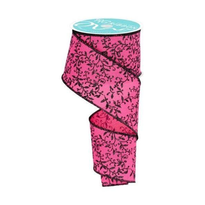 2.5″ Glitter Mini Leaf Vines Ribbon: Pink/Black (10 Yards)