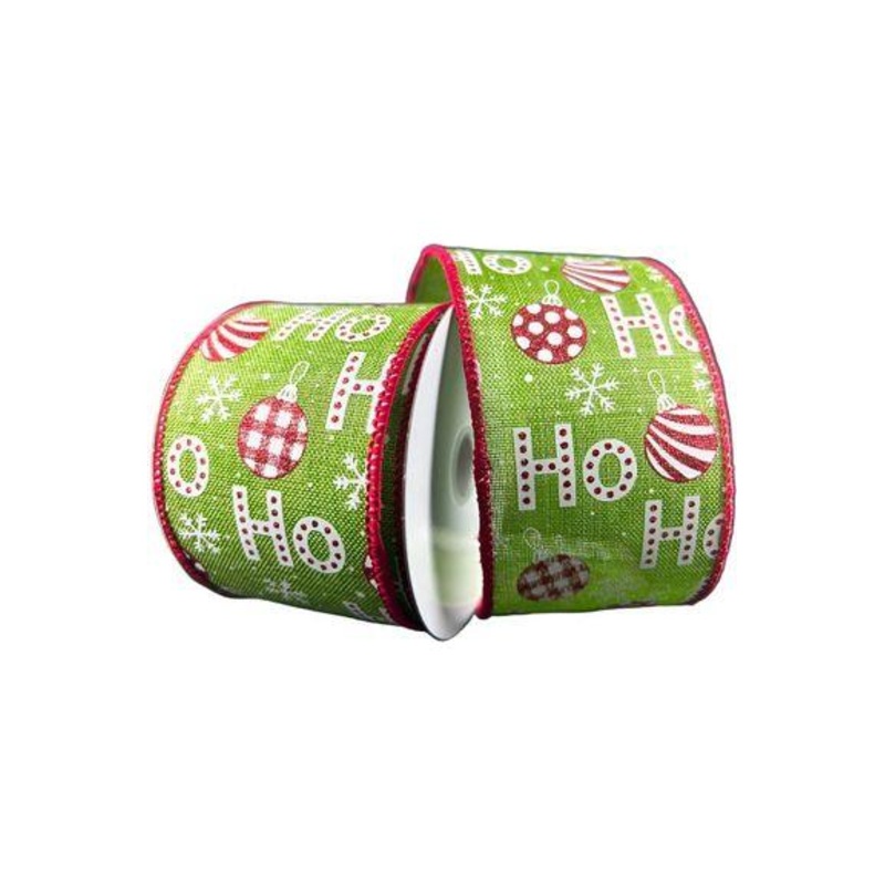 2.5″ Linen Ho Ho Ho Ribbon: Lime Green (10 Yards)