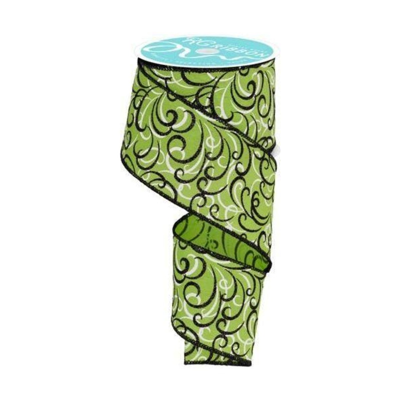 2.5″ Multi Swirls Glitter Ribbon: Lime Green/Black (10 Yard)